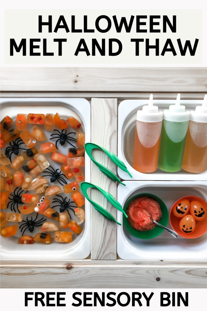 The Best Halloween Sensory Bin for Toddlers: melt and thaw - objects frozen in ice for toddler to melt with warm water
