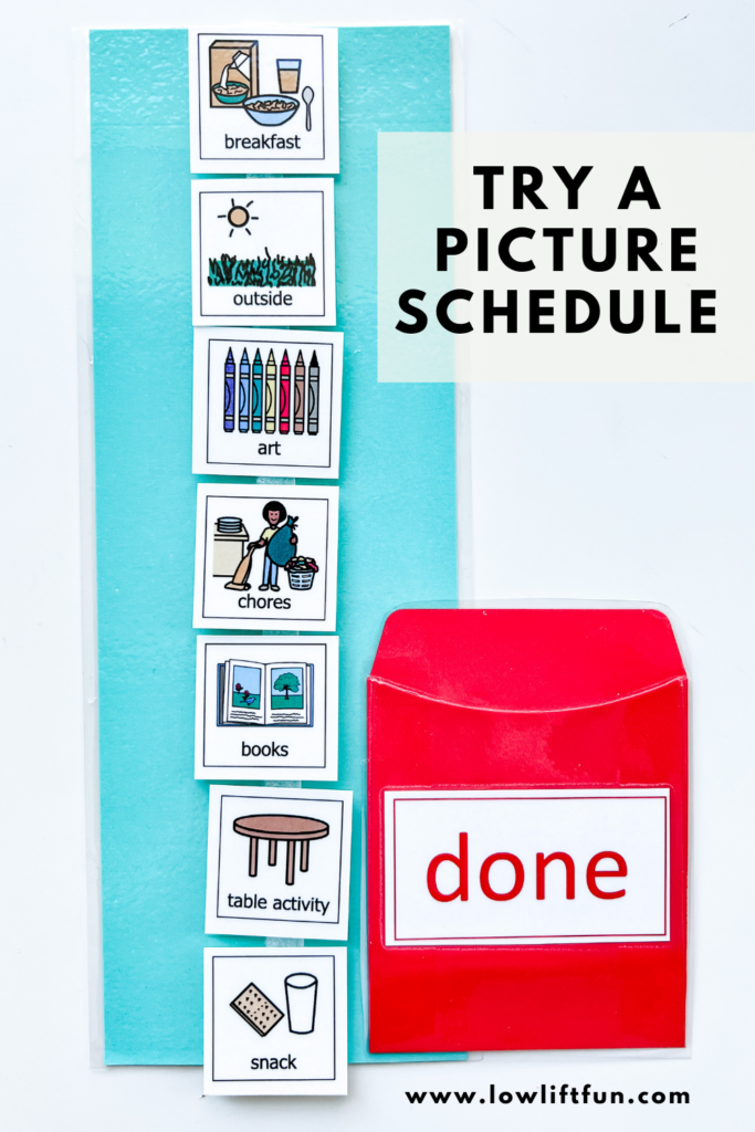 Why should I use a visual schedule? Picture schedule with daily tasks and done pocket.