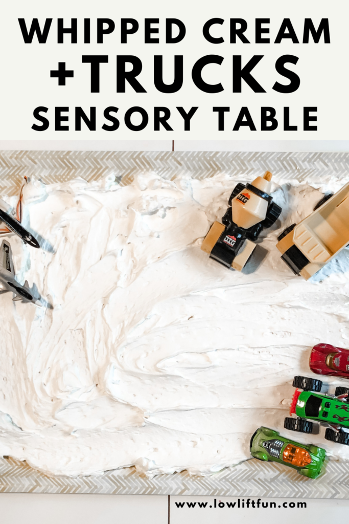 Best Winter Activities for Preschoolers: sensory table with trucks and whipped cream