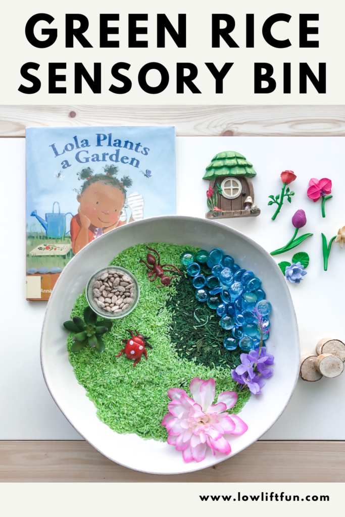 Fun Spring Activities for Kids: green rice sensory bin