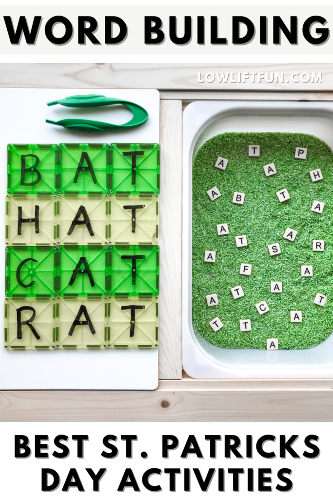 BEST St. Patricks Day Activities for Preschoolers: word building sensory bin