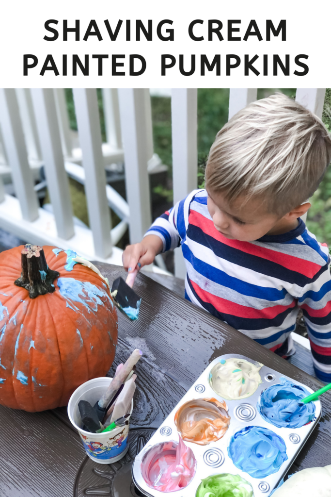 Pumpkin Art Projects for Preschool - shaving cream painted pumpkins